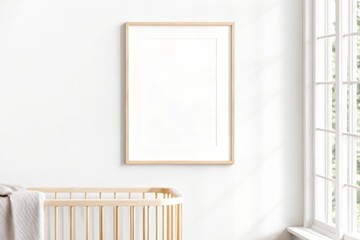 Bright and modern nursery with natural wooden crib, minimal decor, and an empty poster frame for mockup on a white textured wall