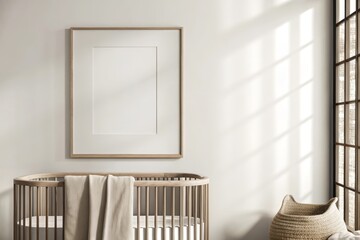 Bright and modern nursery with natural wooden crib, minimal decor, and an empty poster frame for mockup on a white textured wall