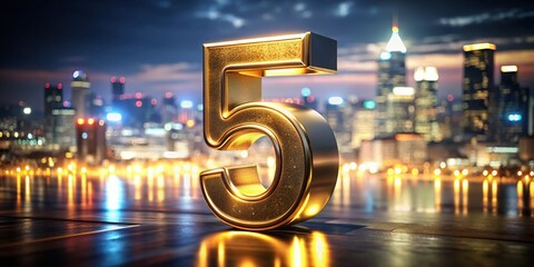 Stunning Night Photography of 3D Golden Font Number 5 Isolated on a White Background with Dramatic Lighting and a Captivating Urban Nightscape to Enhance Visual Appeal