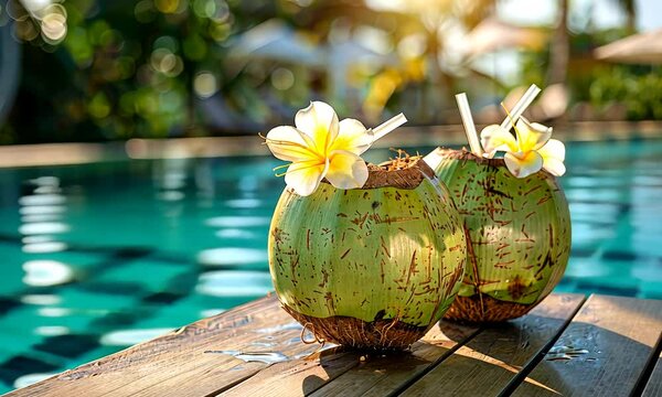 Two coconut drinks with straws and flowers on a wooden table by the pool.