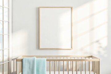 Bright and modern nursery with natural wooden crib, minimal decor, and an empty poster frame for mockup on a white textured wall
