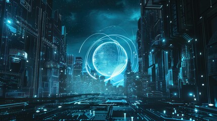 Futuristic Cityscape with Glowing Globe