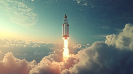 Rocket launch through clouds at sunrise. A powerful image of ambition and exploration.