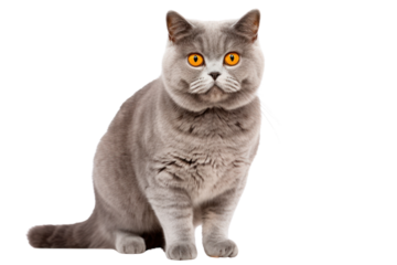 Excellent young blue tortie British Shorthair cat with a plush coat, standing gracefully in a sideways position. The cat's striking deep orange eyes are focused on the camera