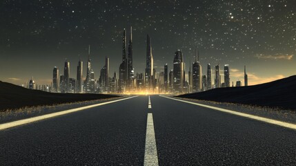Obraz premium Awe-Inspiring Futuristic Cityscape at Dawn: A Majestic Panorama of Skyscrapers and Empty Road