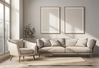 Minimalist living room interior with beige sofa. two empty frames. and a large window