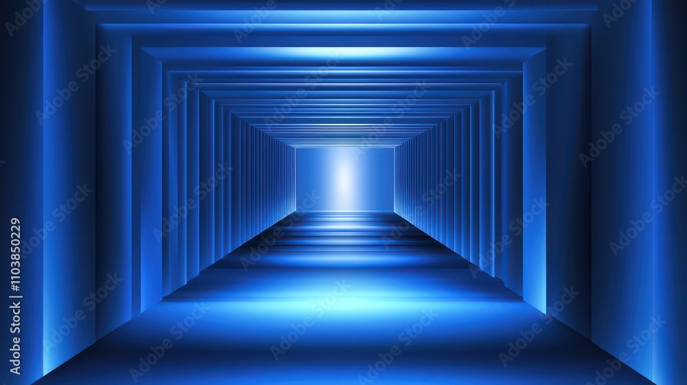 Poster intriguing perspective of a deep blue light tunnel with symmetrical lines and bright luminescence cr