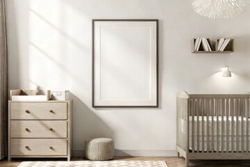 Minimalist nursery featuring a wooden crib, light wooden dresser, woven decor, and an empty poster frame mockup with soft natural light streaming in