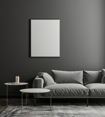 A modern living room interior with a gray sofa. a coffee table. a large blank poster on the wall. and decorative elements