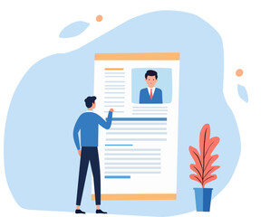 An illustration of a man analyzing a large resume or CV with a professional portrait. Perfect for job application, recruitment, HR, and career themes. Ideal for presentations, websites, and articles