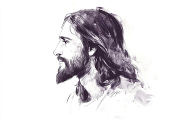 Fototapeta premium A detailed, hand-drawn sketch of Jesus Christ in profile, His serene expression captured delicately, surrounded by a clean white background perfect for adding words or verses