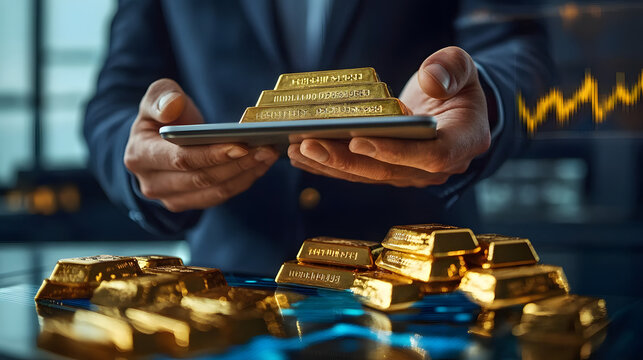 Business man holding gold bars, Financial analyst reviewing gold bullion trends on a digital tablet, with data graphs and charts overlay.