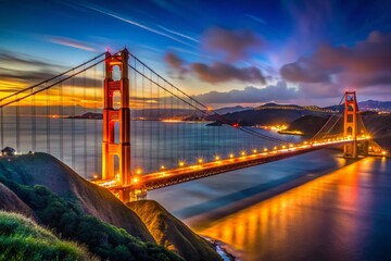 Obraz premium Stunning Nighttime View of San Francisco's Golden Gate Bridge with Twinkling Skyline from Moore Rd Pier, Capturing the Essence of California's Iconic Landmarks in Low Light Photography