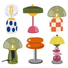 Big collection of vintage home comfort items and lamps. Different interior light decor standing and hanging in modern and retro styles. Home illumination for cozy interior. Flat vector illustrations 