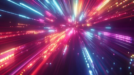 Fototapeta premium A vibrant scene of fiber optic cables glowing with multicolored light, illuminating the night sky in an abstract, futuristic design