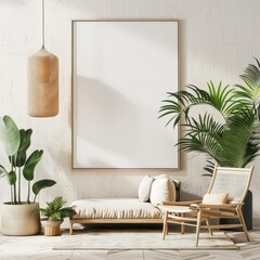 A blank picture frame hangs on a white wall surrounded by plants and a pendant light