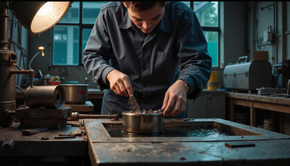 Focused young man, industrious mood, working with tools, in a workshop setting