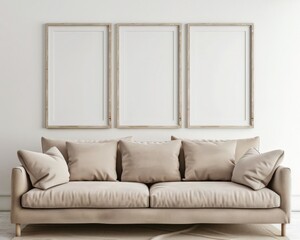 A beige sofa with three framed artwork on the wall The room has a white wall and wood flooring