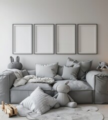 A white sofa with two large white frames on the wall There are several throw pillows on the sofa and a white stuffed rabbit There are also two stuffed animals on the floor and a wooden toy house