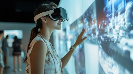Immersive Virtual Reality Experience: Woman Interacting with Digital Display at an Exhibition