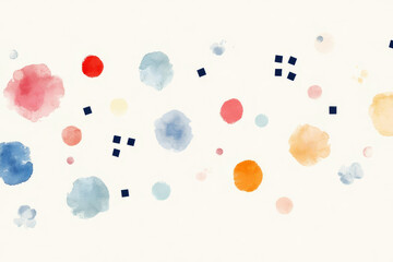 Watercolor abstract pattern of circles and squares in coral, dark blue and gray with white space   