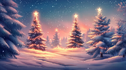 Naklejka premium Festive snow-covered landscape with luminous Christmas trees, creating a magical atmosphere ideal for winter holiday celebrations.