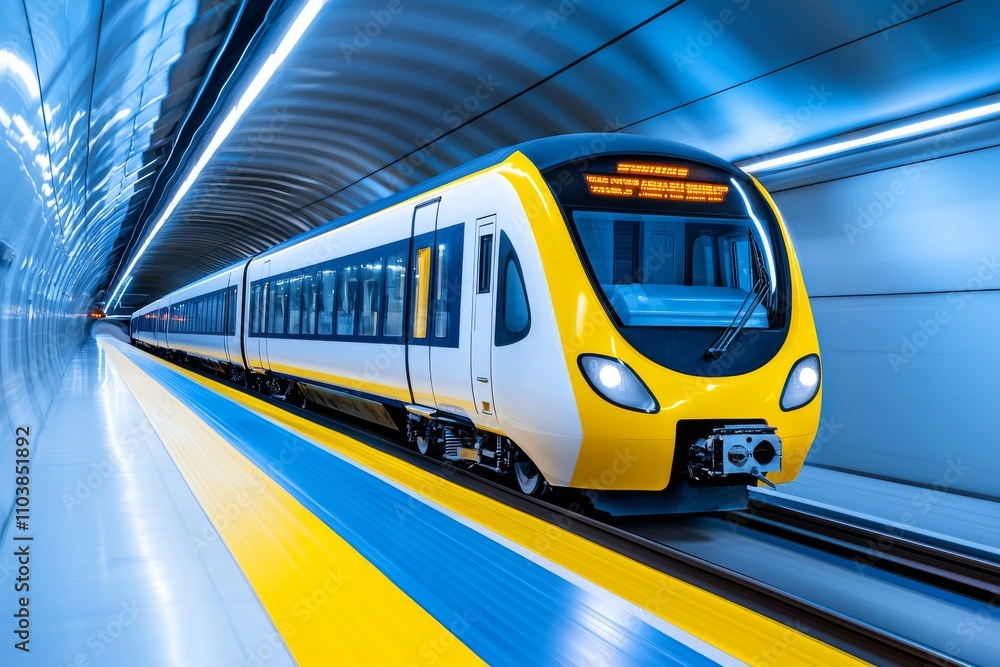 Poster a blurred image of a metro tunnel in motion, capturing the fast movement with a defocused blur on an