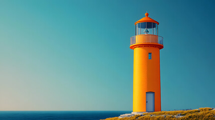 An orange lighthouse, minimalist style, bright blue sky. Generative AI.