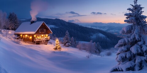 a christmas tree with candles stands in the snow next to a lonely romantically lit hut in mountains