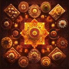 Diwali sweets and diyas arranged symmetrically.