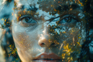 a multi-layered composition combining a close-up of the girl&rsquo;s face and the reflection of nature.  