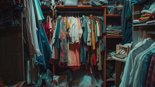 Untidy closet with a bunch of messy clothes. Wardrobe in room with thrown clothes on shelf,.   