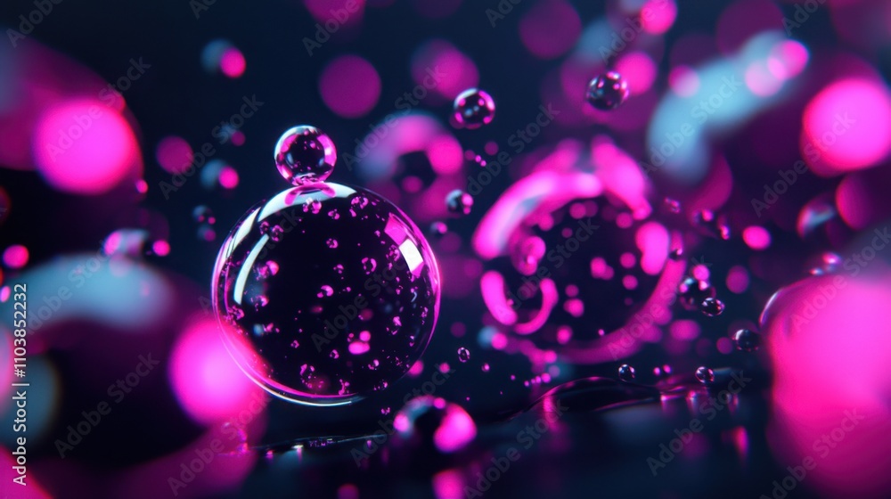 Poster abstract composition of floating bubbles with vibrant pink and purple highlights on dark background 