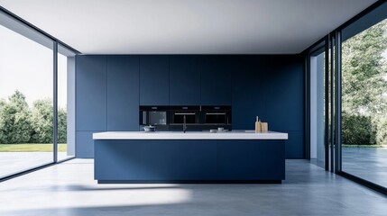 A blue kitchen with a white countertop and a black oven