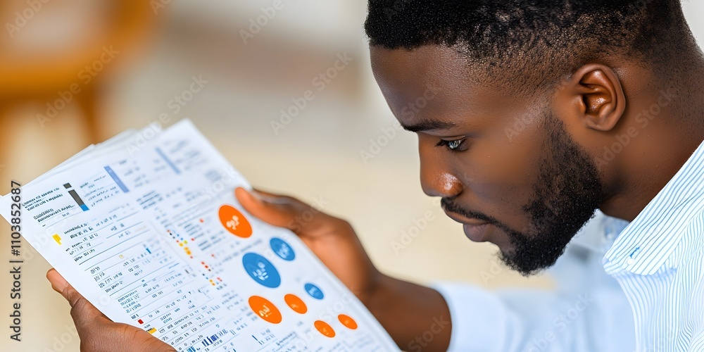 Poster a man analyzing a detailed report with graphs and data.