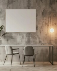 A minimalist workspace with a blank canvas for design or art Two chairs and a desk with a laptop and coffee cup