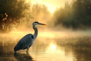 Naklejka premium Majestic Heron at Sunrise - A serene grey heron stands in a misty lake at sunrise, symbolizing peace, tranquility, nature, wildlife, and beauty.