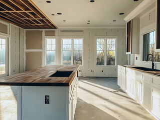 Modern kitchen interior with unfinished walls and wooden island.