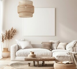 A minimalist living room with a large blank canvas. a white sofa. and dried pampas grass