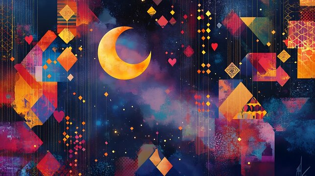 Abstract cosmic night scene with crescent moon and geometric shapes. - Powered by Adobe