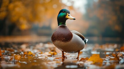 Majestic Mallard in Autumn - A lone mallard duck stands gracefully in shallow autumn water, surrounded by fallen leaves.  Symbolizing peace, nature, tranquility, fall, and wildlife.