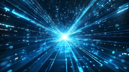 Naklejka premium Abstract digital tunnel of glowing blue light streaks.