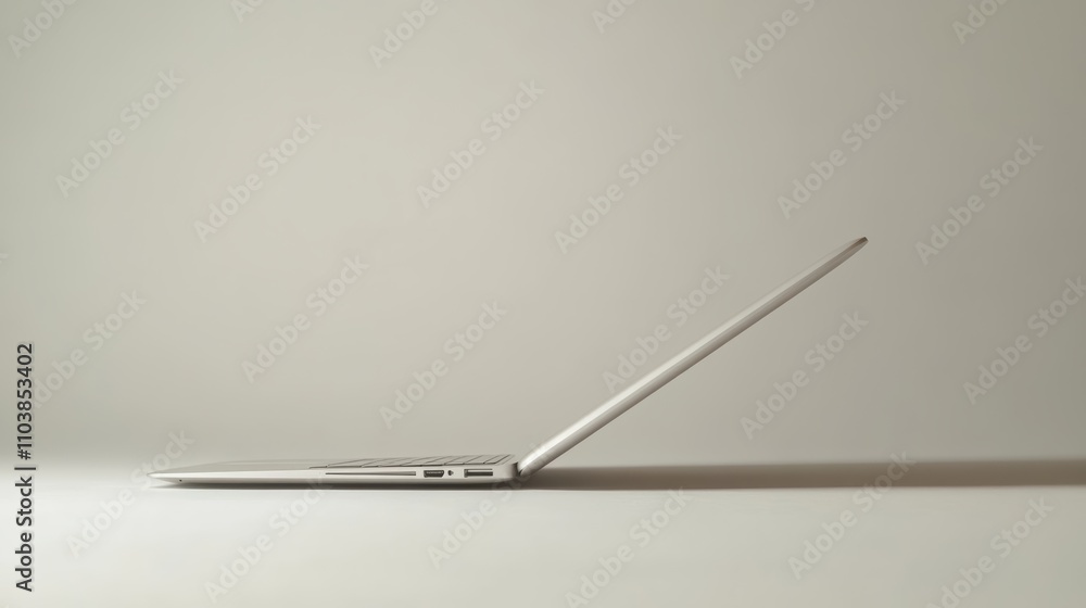 Poster modern thin laptop is standing on a white surface showing its ports and opened screen against a plai
