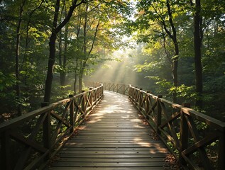 Obraz premium Beautiful wooden walkway amidst a dense forest, woodsy path, green canopy, outdoor scenery, wooden pathway, nature trail
