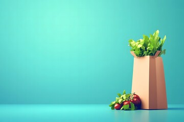 Fresh Organic Vegetables with Green Leaves in a Brown Paper Bag on a Vibrant Turquoise Background for Healthy Eating Concept