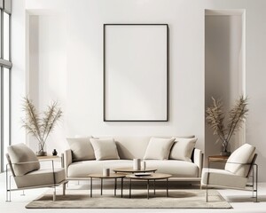 Minimalist living room interior with a blank canvas mockup. a white sofa. two armchairs. a coffee table. and a vase with pampas grass