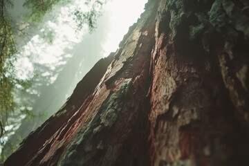 Majestic Redwood Tree in Forest - Ancient redwood, towering, sunlight, bark texture, nature's grandeur.  Symbolizing strength, longevity, growth, peace, and resilience.