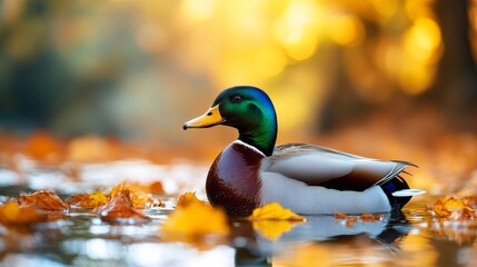 Mallard Duck in Autumn Leaves - Serene mallard duck swimming in autumnal water, surrounded by golden leaves. Symbolizes peace, nature, tranquility, fall, wildlife.