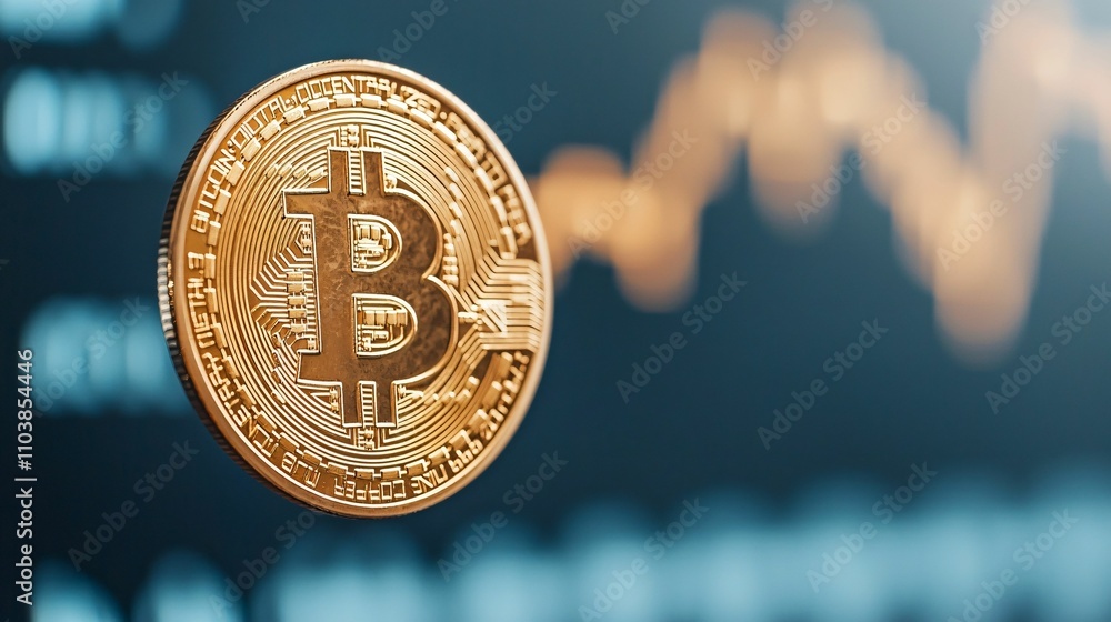 Poster global trade negotiations. bitcoin coin floating over a digital graph background.
