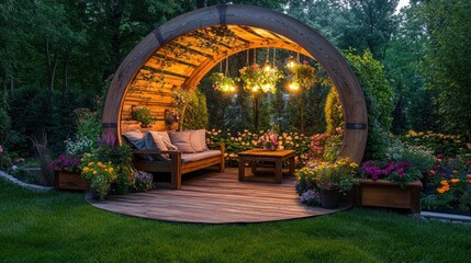 Romantic garden arbor with seating, lights, and flowers at dusk.